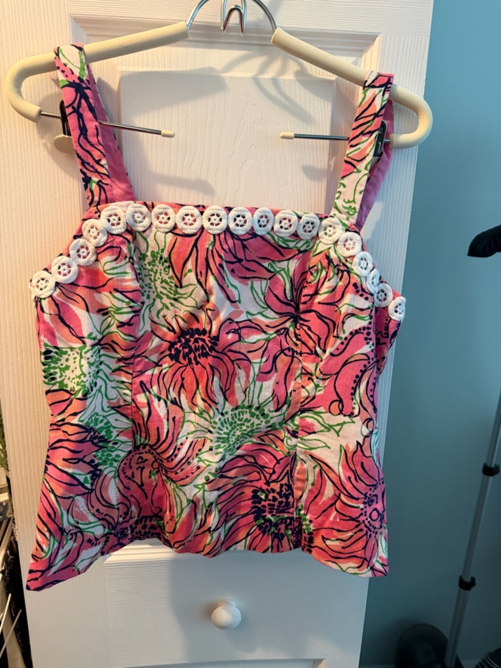 Lilly Pulitzer Pink Floral Crochet-Trim Camisole and Crop Pant set.